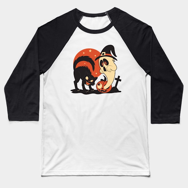 Vintage Halloween Cat and Ghost Scene Baseball T-Shirt by Kappacino Creations